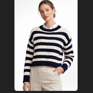 Sage + Stone Navy White Striped Cable Knit Sweater Boxy Preppy Cotton Small